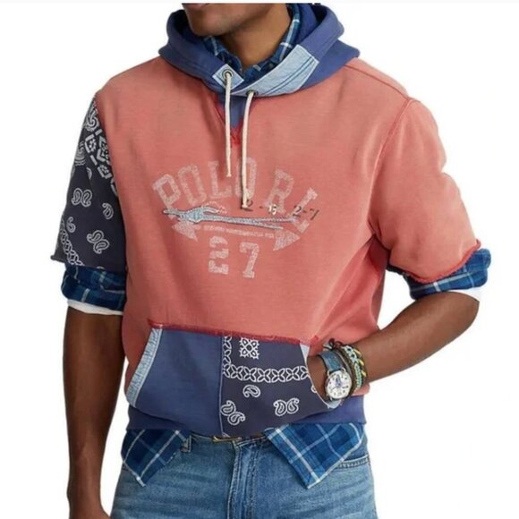 Polo Ralph Lauren Men Paisley Bandana Patchwork Short Sleeve Fleece Hoodie Sz.M - Picture 1 of 11